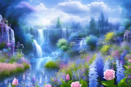 grandes fleurs bleues,blanches,roses en premier plan, herbes fleuries, arbres blans et roses, espace d eau avec cascades