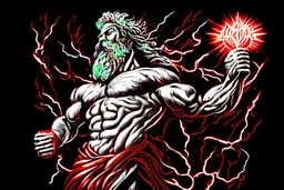 Detailed and realistic illustration of Greek god Zeus holding holding lightning. Black, white, red and gold colors. Engraving style illustration.