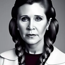 realistic analog style photography, Beautiful photorealistic close up face of carrie fisher, soft ethereal skin, symmetrical hairstyle,studio lighting, sharp brown eyes, dark plain background