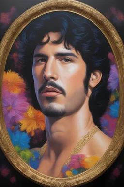 a man's face inside a round gold frame, Paul Stanley/Elvis Presley/Keanu Reeves/Jon Bernthal, multicolored, large, Floral/rainbow designs, atmospheric, beautiful, bright, vibrant colors, pitch-black background, oil painting by Boris Vallejo, 4k UHD, Photorealistic, professional quality