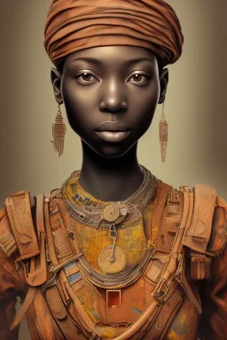 african portrait, rusted clocks, rust, scaffolding, perfect face, high detail