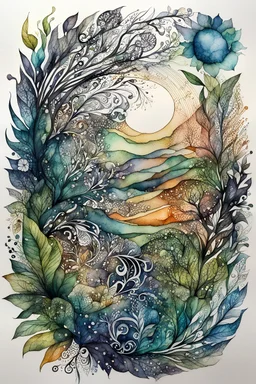 random watercolor Zentangle patterns that depict the personification of Nature, highly detailed, with fine ink outlining