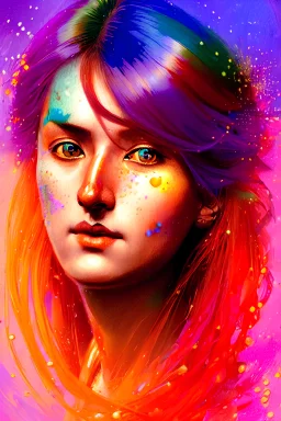 Beautiful brash Cherokee lady with rainbow-hued hair Mandelbrot medium short full body portrait painting by Anders Zorn by Toraji by Tsuguhanu shin hanga backlit dynamic lighting hyperdetailed intricately detailed Splash art trending on Artstation complimentary colors Unreal Engine 5 volumetric lighting Jordan Grimmer orange and black