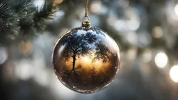 photoreal extreme close-up of a magnificent heavenly christmas bauble hanging from a branch reflecting christmas atmosphere by lee jeffries, otherworldly creature, in the style of fantasy movies, photorealistic, shot on Hasselblad h6d-400c, zeiss prime lens, bokeh like f/0.8, tilt-shift lens 8k, high detail, smooth render, unreal engine 5, cinema 4d, HDR, dust effect, vivid colors