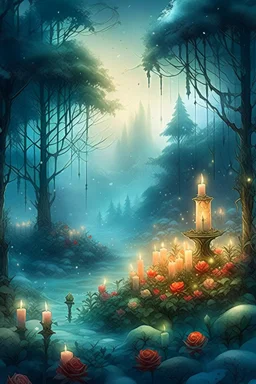 CANDLES ARE BURNING IN A WONDERFUL CLEARING IN A MAGICAL FOREST, THE NIGHT IS FULL MOON, SNOW, MAGIC 77. Watercolor, double Chinese rose bush, ultra-detailed, morning, rain, greenery, beautiful landscape, fog, many details, delicate sensuality, realistic, high quality, 3d, work of art, hyperdetalization, filigree, foggy haze background, hyperrealism, professional, transparent, delicate pastel tones, back lighting, contrast, fantastic, unreal, translucent, glowing, clear lines, epic fabulous, fab