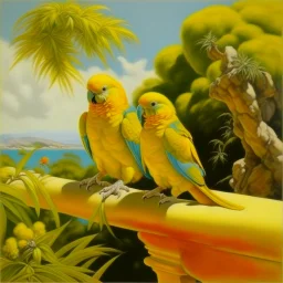 Neoclassicism realistic yellow orange cote d'azur parakeets landscape sea