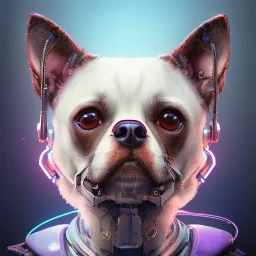 A beautiful portrait of a cute cyberpunk dog by sandra chevrier and, greg rutkowski and wlop, purple blue color scheme, high key lighting, volumetric light, digital art, highly detailed, fine detail, intricate, ornate, complex, octane render, unreal engine, photorealistic