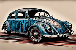 create an abstract, colored linocut of a battered and beaten Volkwagen beetle rat rod with highly detailed and deeply cut features, lost in a horrific post apocalyptic world, in the style of KATHE KOLLWITZ , searing lines and forceful strokes