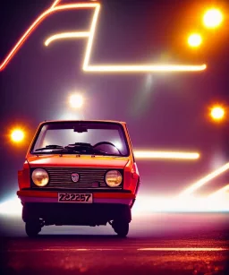 fiat 126p, city. high speed. bokeh. lens flare. warm lights. high detailed