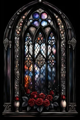 watercolor drawing gothic window, black lace, pearls, black roses, on a black background, Trending on Artstation ::{creative commons}:: I:: Color Grading:: Filmic, Nikon D750, Brenizer Method, Perspective, Depth of Field, F/2.8, Lens Flare, Tonal Colors, 8K, Full-HD, ProPhoto RGB, Perfectionism, Rim Lighting, Natural Lighting, Soft Lig, a pretty woman non front of it