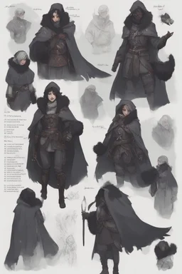 A dnd character sheet. A woman dressed for the cold north dressed in dark furs, with black hair. Death cleric wearing a mask, female woman girl