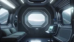 sci fi bedroom on spaceship, modern, window looking out into space, hyperrealistic, 4k