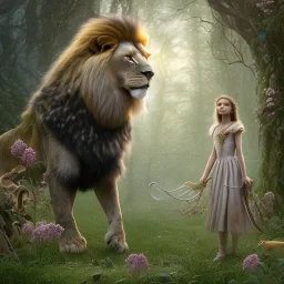 Young beautiful girl wearing floral crown with a stunning lion on nature forest path, Chronicles of Narnia, 8k resolution, high-quality, fine-detail, iridescent, intricate, digital art, detailed matte, volumetric lighting, beautiful, illustration, 3D octane render, brian froud, howard lyon, selina french, anna dittmann, annie stokes, lisa parker, greg rutowski,