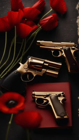 Two gold pistols and a red notebook on a white scarf. A field of red poppies. Close-up from above.cinematic.dark mood