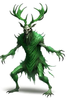 wendigo green fur with deer skull covering head and face, fingers ending in claws with long arms reaching knees which bend backwards, eyes that are sunken back, full body image