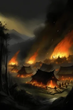 orcs burning a village, night, painterly, sketch lines