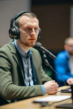 A simultaneous translator of Slavic appearance sits at a table with headphones on at a briefing and translates into a microphone, in a large hall, there are a lot of people around, the background is blurred, everything is in pastel light colors