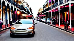 A Tesla's 'Model S Plaid' is racing at top speed, across the 'French Quarter' in New Orleans, Louisiana. CINEMATIC. WIDE ANGLE LENS.