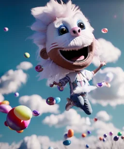 Ultra realistic speed clouds sky scene, wide angle view, child falling down with many Children background, inflatable monsters, circus dress style, feather color, free jumping flying, many trinkets, hair monster, many jelly beans, balls, color smoke, smile, happy, extreme, wind, clouds sea, 20,000 feet altitude, stratosphere, soft color, highly detailed, unreal engine 5, ray tracing, RTX, lumen lighting, ultra detail, volumetric lighting, 3d, finely drawn, high definition.