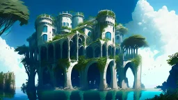 A futuristic ruined gothic building on an island floating over the sea with balconies, verandas, many arches, bridges, spires, paths, trees, dense foliage, spanish moss, ivy, blue sky, white clouds