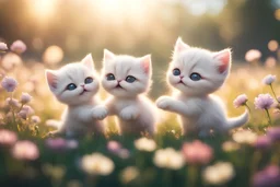 cute chibi kittens fighting on a flowerfield in sunshine, ethereal, cinematic postprocessing, dof, bokeh Weight:1 detailed matte painting Weight:0.9