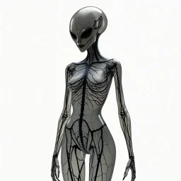 A transparent of a tall alien figure with black vein texture of human veins, mixing together a lot of them, making a shape of a woman,