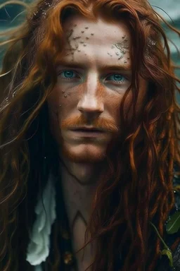 wet pirate nereid male with freckles and seaweed highlights in long auburn hair