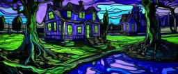 A violet haunted house near a swamp with ghosts painted by Vincent van Gogh