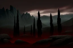 mountains, a gloomy rocky landscape, cypresses stretching up in the foreground, rocks and a bloody sky in the background