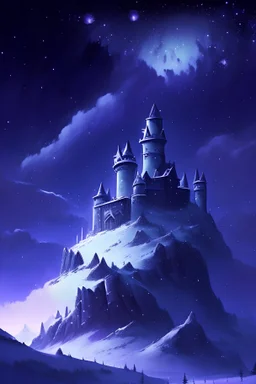 A large castle made of white stone with a town. It sits atop a snowy mountain and in a peak beside it is an observatory. The sky is a dark purple-blue with lots of stars