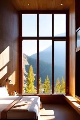 Chambre d'hôtel design avec vue sur montagnes. Architecture bois béton verre. Lumière soleil couchant