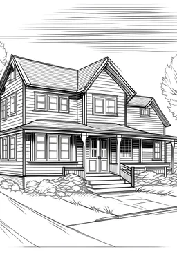 Outline art, simple House exterior design, car, cartoon style, thick lines, low details, --ar 9:11
