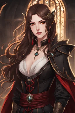 A portrait headshot of a confident looking young woman with pale skin and long brown hair in a dark fantasy setting with intricate details. She is a mage wearing black and read leather, has blood-red eyes, an air of malevolent power surrounds her. Anime style. High definition.