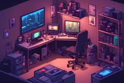 isometric, video game, cyberpunk, work room, desk, computer, comic book art style, night time,
