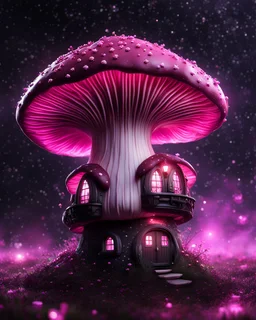 An illogically floating mushroom house on a clear night. white pink black, Stars Dark cosmic interstellar. Detailed Matte Painting, deep color, fantastical, intricate detail, splash screen, hyperdetailed, insane depth, concept art, 8k resolution, trending on Artstation, Unreal Engine 5, color depth, backlit, splash art, dramatic, High Quality Whimsical Fun Imaginative Bubbly, perfect composition