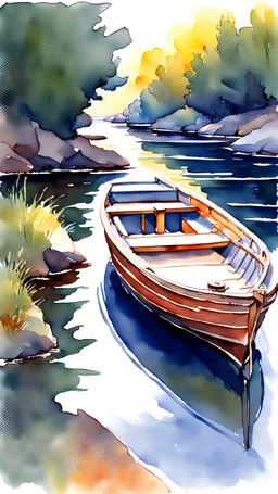 watercolor painting of a boat , pen line sketch and watercolor painting ,Inspired by the works of Daniel F. Gerhartz, with a fine art aesthetic and a highly detailed, realistic style
