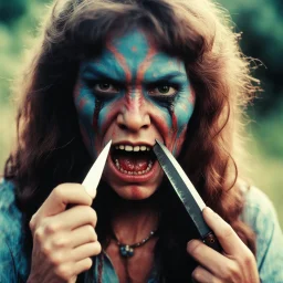 [vintage style noisy scratches glitches, Shot the texture and then rewound the film and double exposed the face] 1970s angry Hippie warrior woman with a knife gripped tightly in her hands fighting Alien liquid saliva monster. Face to face: Its drooly, drooling head looms dangerously close to her pretty face, dripping with acidic saliva. the world emits eerie, otherworldly sounds that reverberate through the liquid landscape.