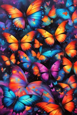 vibrant psychedelic oil painting image, airbrush, 64k, cartoon art image of background colorful and blacK BUTTERFLIES, dystopian