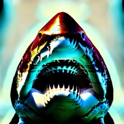 Great White Shark oil on canvas portrait , perfect composition, perfect anatomy, perfect contrast, intrincate detail, with two eyes, only one mouth, intense stare, realistic image, high resolution 8k, by Caravaggio