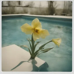 Daffodils in a swimming pool, old worn and damaged polaroid