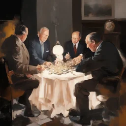 Putin, President Xi Of China And Joe Biden Play Chess With Atomic Bomb Mushroom Cloud,Complex Surgical Instruments Intermixed With A Newborn Boy,Minimalism,Painting By Adrian Ghenie,Rene Magritte,Pablo Picasso,Michelangelo,Salvador Dali,Lucian Freud