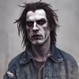 very grainy discolored 2000s photo, closeup portrait, dark night alley with no lights, grunge, extremely gaunt male with chalk-white skin wearing a ripped jeans jacket, animalistic, imposing, guarded, very long and messy hair, scrutinizing look in the eyes, gangrel