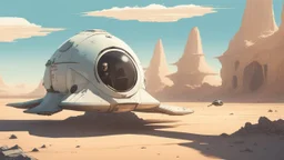 Small, sleek cargo spaceship, built like a teardrop, landing in a wide empty ruined alien street, blue sky