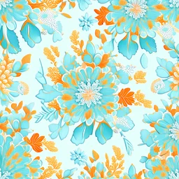 African fabric pattern, in the style of pastel light blue and light orange, with intricate floral arrangements, light baby blue and light orange, detailed foliage, pointillist florals, digitally enhanced, transparent background