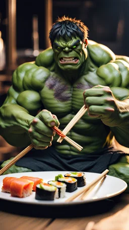 a hulk eating sushi with chopsticks, photo, 8K UHD,