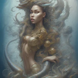 sango fantasy, fantasy magic, intricate, sharp focus, illustration, highly detailed, digital painting, concept art, matte, artgerm and paul lewin and kehinde wiley, masterpiece sexy lips Asian afro lips black African lady body mermaid blue Dragon head golden space lady sea under water mermaid pretty skull