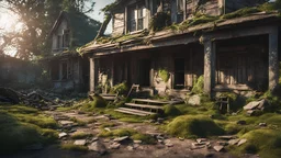 3d render of old house, broken barbie, abandoned, dramatic color grade, (moss:1.1), abandoned, broken, old, accurate color grading, rvb, Sony A7 III, Sigma Art 85 mm f/1,4 DG HSM, perfect, subsurface scattering, unreal engine, dusty sun light, dystopian world