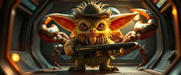 air brush 3d with pen outline,spaghetti boss gunslinger western fluffy elder gremlin edgy hero with slightly glowing eyes in front of glistening space crab, shallow depth of field, warm lantern, pin hole cam in doll house space ship, bottom floor board edge border