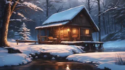 winter, (best quality:1.5), (intricate emotional details:1.5), (sharpen details), (ultra detailed), (cinematic lighting), peaceful shack on the side of a river, empty chair with a fishing pole beside it, anime style