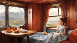 (masterpiece, best quality), 1girl, Carnelian Textured Quiff with Tapered Sides, big breasts, train roomette, bunk bed, pajamas, looking out the big window, breakfast on table, wooden wall